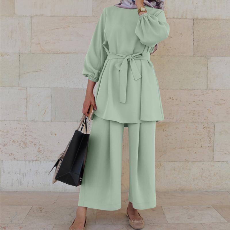 Muslimische Frauen Abaya Set Lange Bluse Tops Hosen Kaftan Kleid Outfit Roben Anzug M hellgrüne