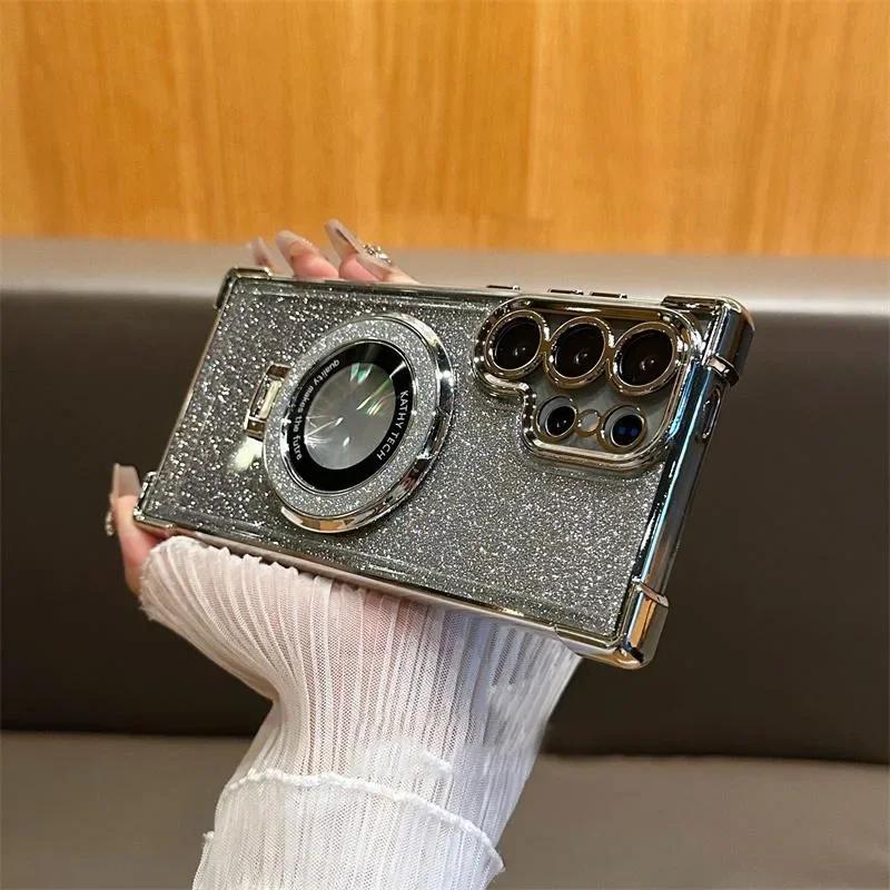 Luxuriöse Magsafe Holde Glitzerhülle für Samsung Galaxy A24 A55 5G A53 A54 S25 24 Ultra S23 FE S22 Plus S21 S20 Stoßfeste, klare Abdeckung Samsung S23 Ultra silber