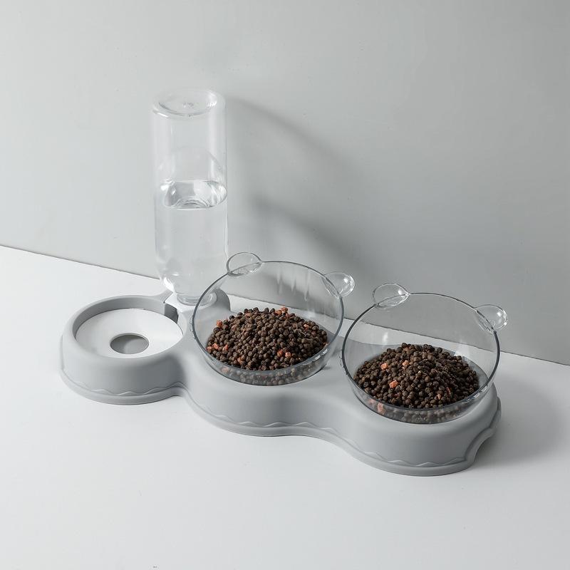 Haustier-Katzennapf, automatischer Futternapf, 3-in-1-Napf für Hunde und Katzen, mit Wasserbrunnen, Doppelnapf zum Trinken, erhöhter Stand, Schüsseln für Katzen graue
