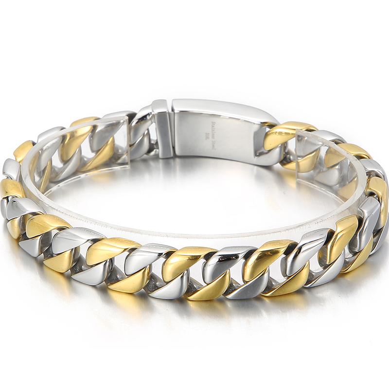 Herren-Armband, 12 mm breit, Edelstahl, Panzerkette, Charm-Armbänder an der Hand, Bänder für Männer, Vintage, Herrenschmuck, Zubehör 23CM gold/silber