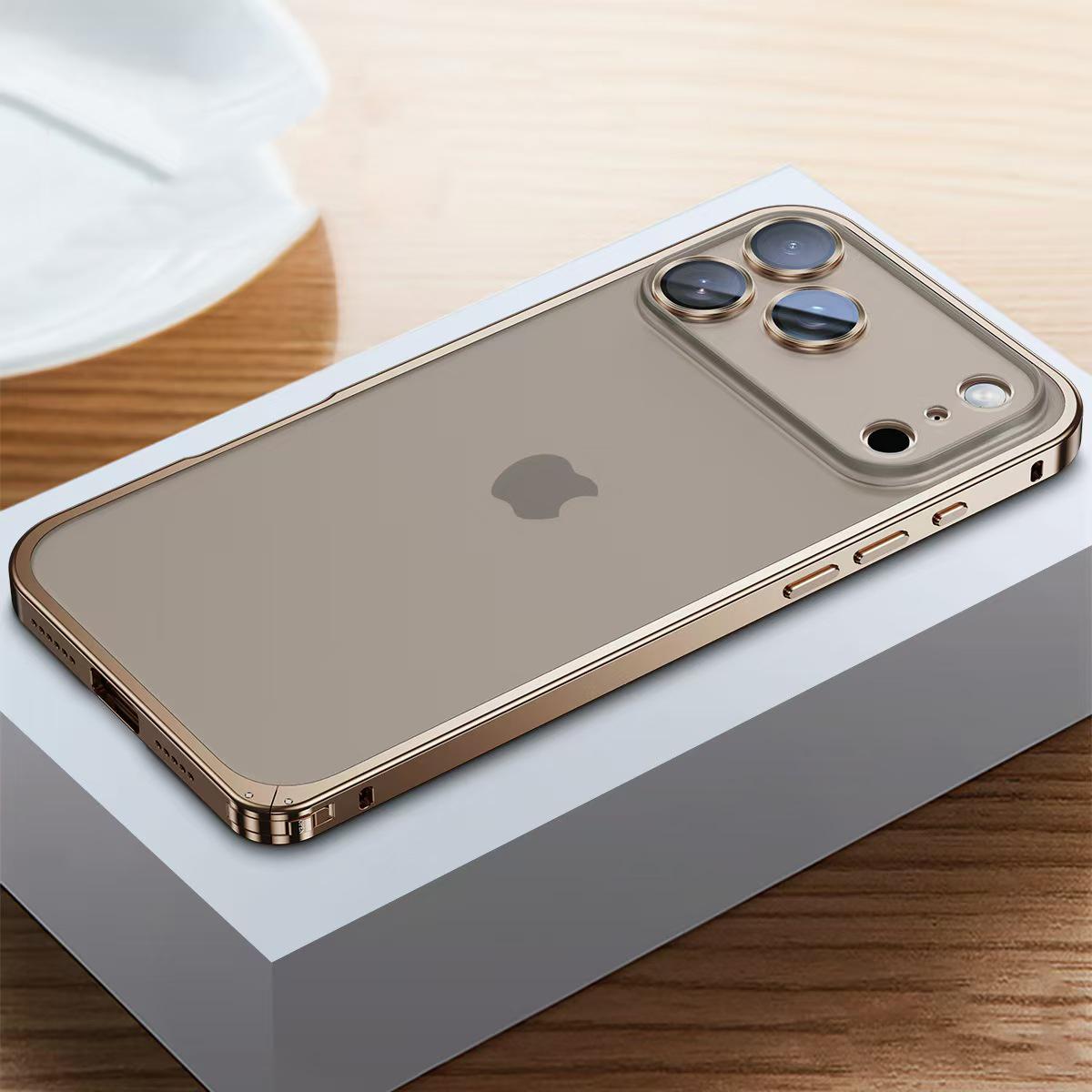 Luxuriöse Metallrahmen-Objektivschutzhülle für iPhone 17 16 15 14 13 12 Pro Max Aluminium-Handyhülle für iPhone 17 Pro Max Matte Rückseite For iPhone 16 Pro Max goldgelb