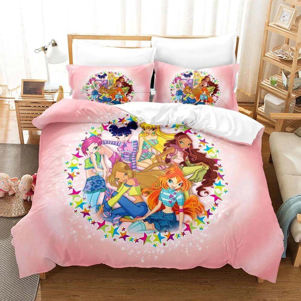 Winx Bettwäsche-Set, Einzelbett, Doppelbett, Queen-Size-Bett, King-Size-Bett, Bettbezug-Set für Erwachsene und Mädchen, Schlafzimmer, 3D-Druck, Anime, Kawaii AU Double 180x210cm