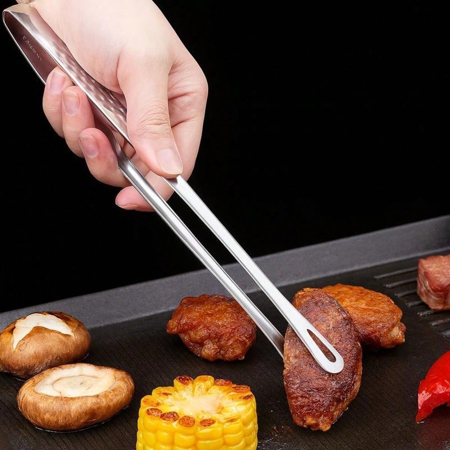 Edelstahl Koreanischer BBQ Grillzange Schwerlast Rostbeständig mit Ergonomischen Griffen für Steak Salat Gemüse Tragbares Kochwerkzeug silber