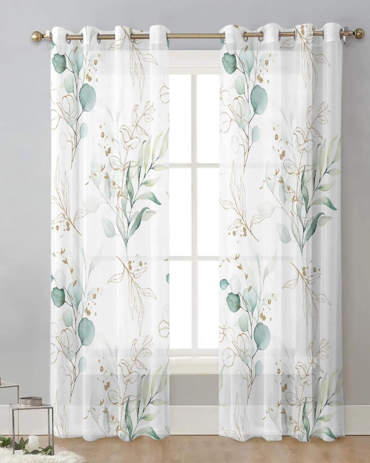 Grünes Blatt Eukalyptus Pflanze Tüll Wohnzimmer Dekoration Transparente Gardinen Schlafzimmer Küche Voile Chiffon Vorhänge W65X60H(cm)X2Pcs&Hook white
