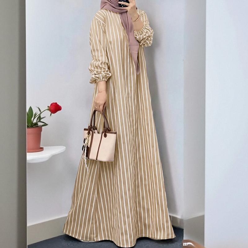 ZANZEA Damen Casual Rundhals Langarm Locker Gestreift Langes Kleid 5XL khaki