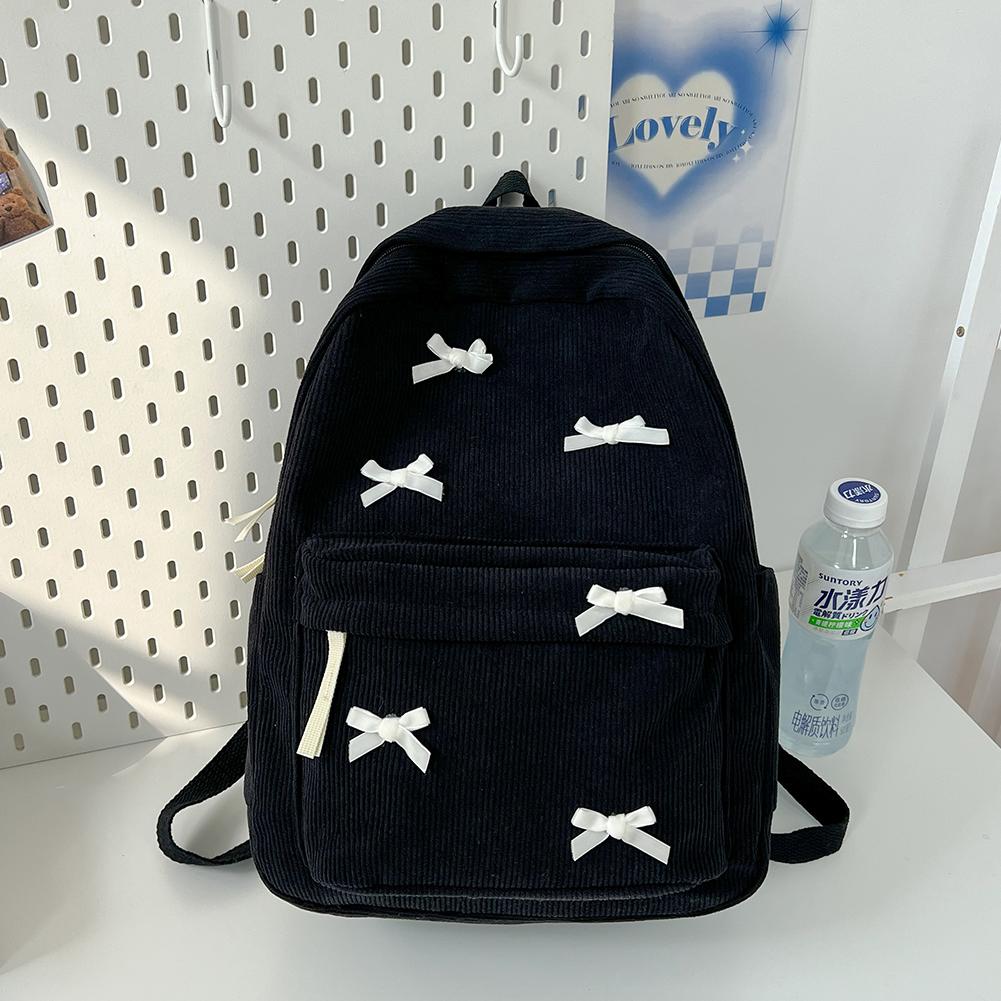 Niedlicher Schleife Ästhetischer Rucksack Cord Schultasche für Mädchen Teenager Schüler Schwarz Bücherrucksack Damen Lässig Reise Tagesrucksack
