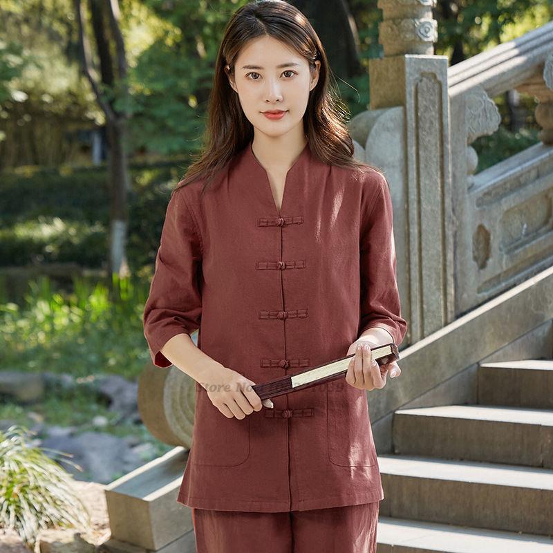 Chinesische Kung Fu Tai Chi Kleidung Kampfsport Wushu Uniform Baumwolle Oberteile+Hosen Set Tai Chi Yoga Sport Übungsanzug L kaffeebraun