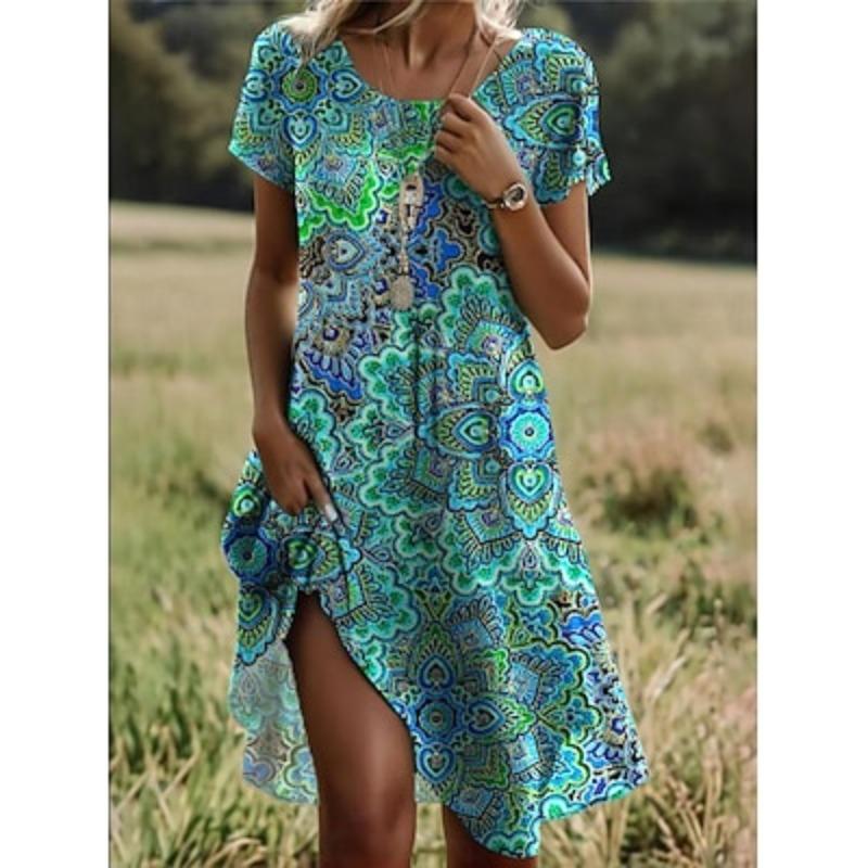 Damen Mittellanges Kleid T-Shirt-Kleid A-Linien-Kleid Sommerkleid Mode lässig blumig kurzärmelig Rundhals 2XL