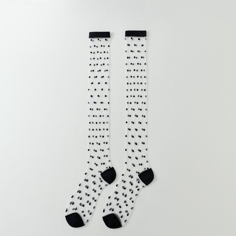 Kristallseidensocken Damen Strümpfe Sommer Ultradünn Transparent Kniestrümpfe Polka Dot JK Mädchen Schwarz Weiß Lange Socken Strümpfe One Size schwarz weiße