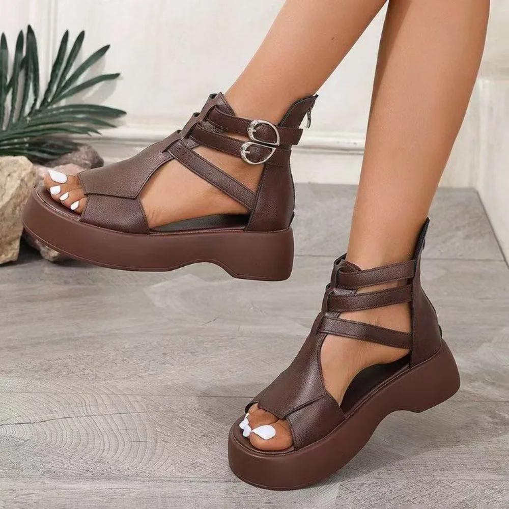 Mode Retro Damen Sandalen Mode Leder Damen Stiefel Atmungsaktive Plateauschuhe Designer Mittelhohe Absätze Damen Keilschuhe Sandalias Mujer 36 braun