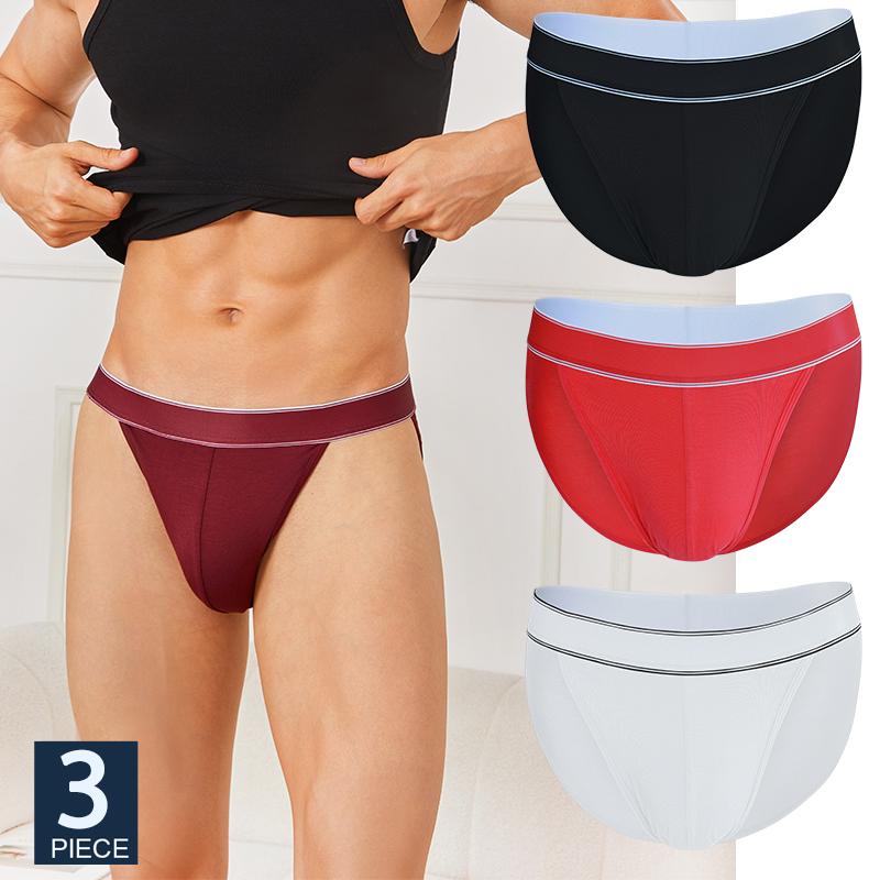FINETOO 3 Stück/Set Herren Nahtlose Slips Hüfttief Sexy Unterwäsche Streifen Atmungsaktiv U-Konvex Beutel Unterhosen Bikini Herren Slips L&Set red