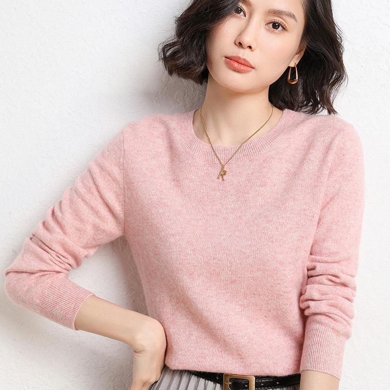 Frühling und Herbst Damen Pullover Pullover Strickpullover Rundhals Langarm Pullover Bottom Shirt Einfarbiger Pullover M rosa