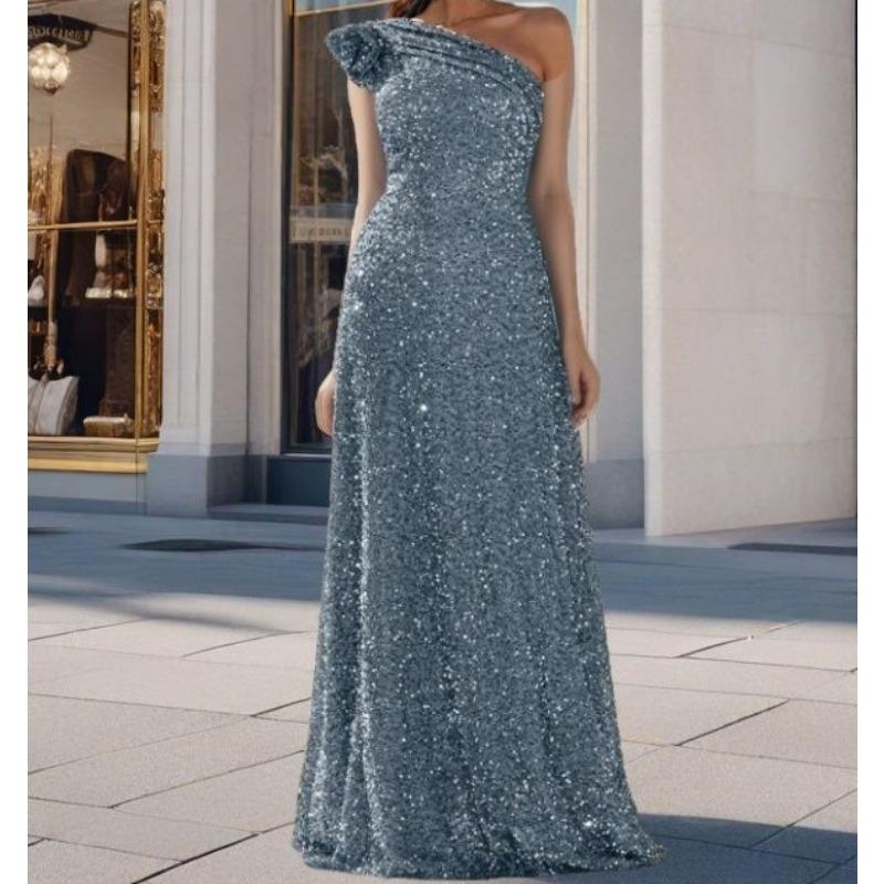Damen Pailletten Schräge Schulter Rückenfrei Ärmellos Lange Pailletten Silber Swing Kleid Abendkleid XL silber