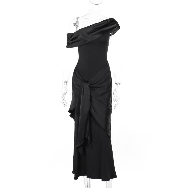 Ein-Schulter Mesh Ribbon Kleid Kleid Temperament schlank schwarz langes Kleid Frau L schwarz