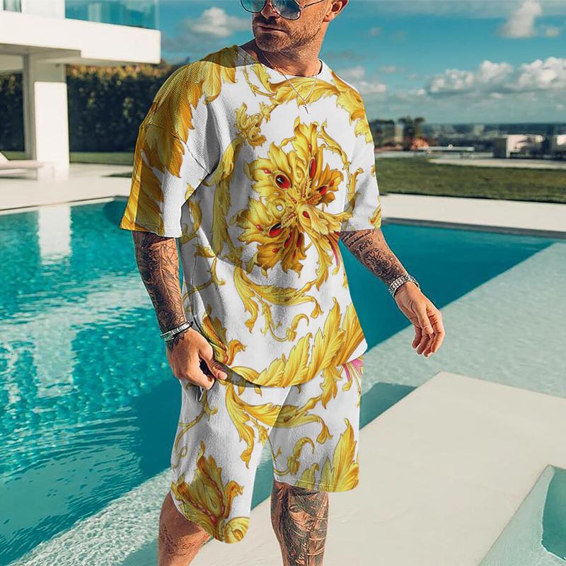 Sommer Herren Trainingsanzug T-Shirt Shorts Set Casual Gold Print Outfits Vintage Jogginganzug Übergroße Kleidung Streetwear XXL