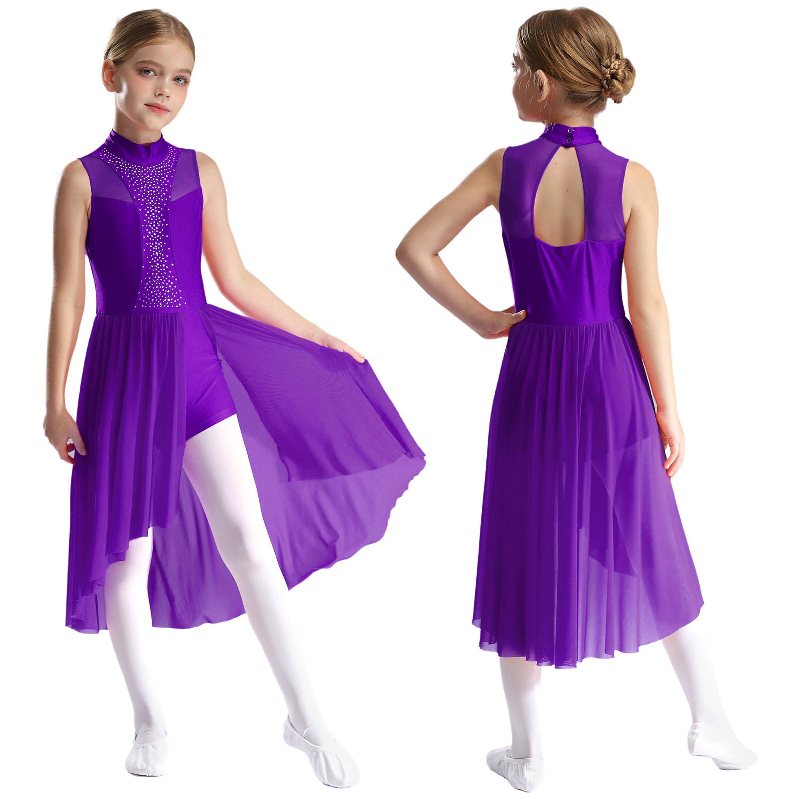 Eiskunstlauf-Tanzkleid für Kinder, Mädchen, ärmellos, Rollkragen, Cut-out auf der Rückseite, geschlitzt, asymmetrischer Saum, glitzernde Strass-Kleider 11-12 Years violett