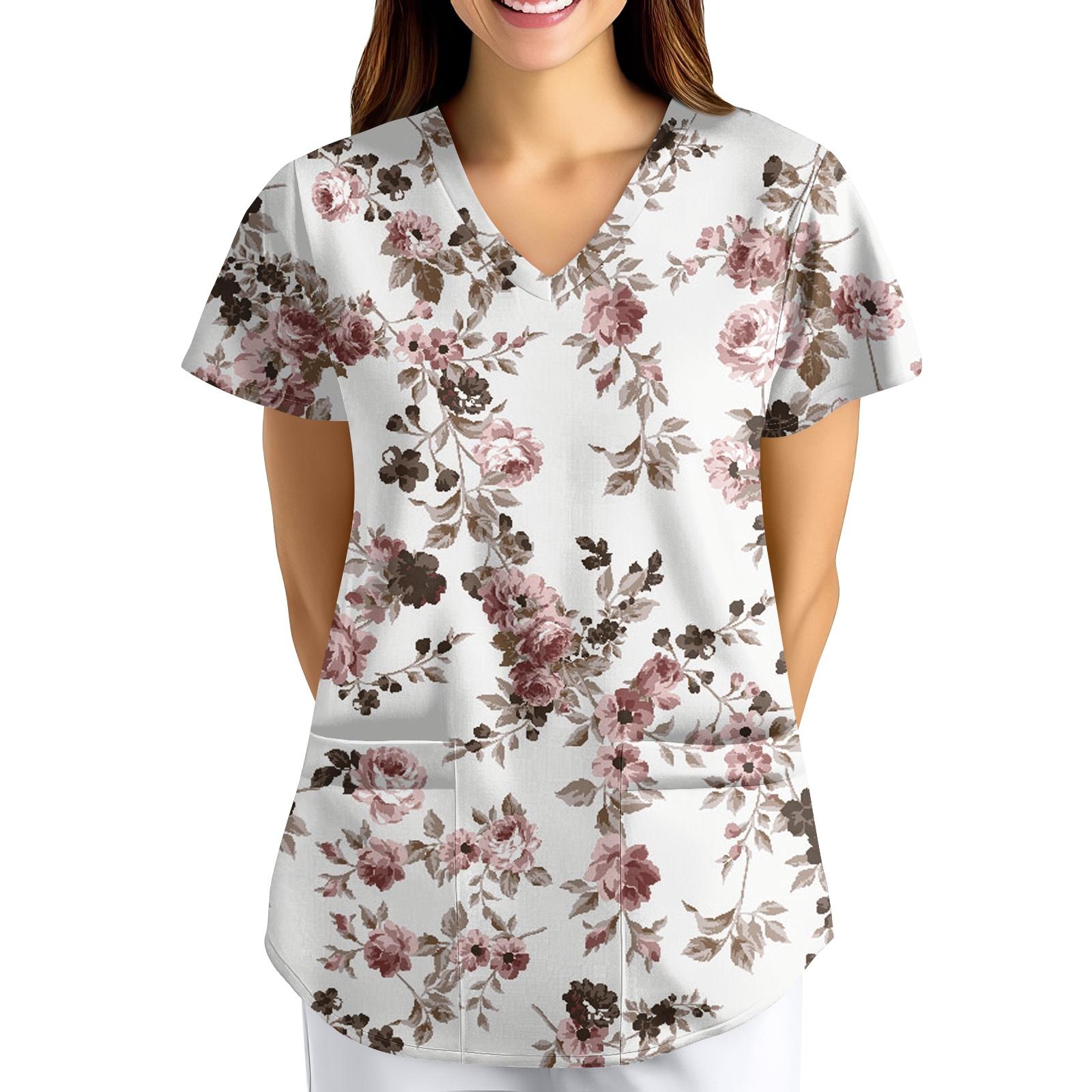 ÜbergrößeBedruckte Kasack Arbeitsuniform Oberteile für Damen V-Ausschnitt mit Überkreuzung Print Kurzarm Lustige T-Shirts Arbeitskleidung T-Shirt mit Taschen XL rosa