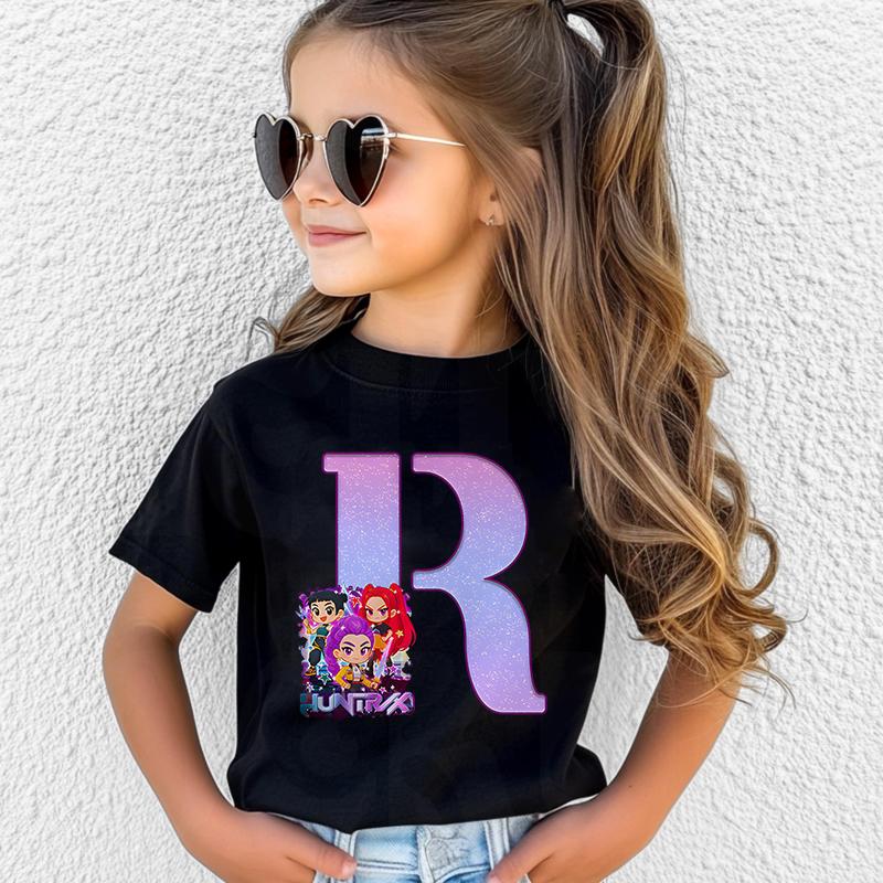 Kinderbekleidung Mode Kpop Dämonenjäger A-Z 26 Alphabet Grafik T-Shirts Kinder Sommerkleidung T-Shirt für Kind Oberteile 150