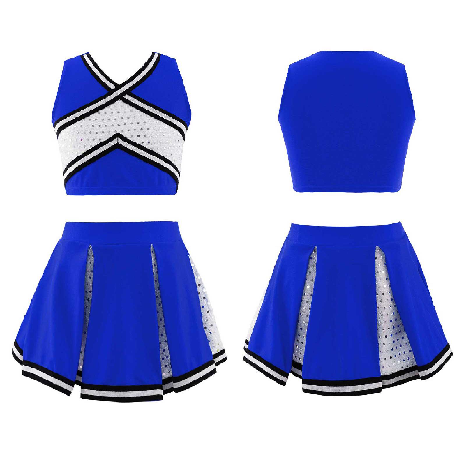 Kinder Cheerleader Uniform Mädchen Cheerleading Kostüm Schülerin Dancewear Musical Karneval Jubeln Kleidung Kinder Cosplay Kostüm 10-12 Years königsblau