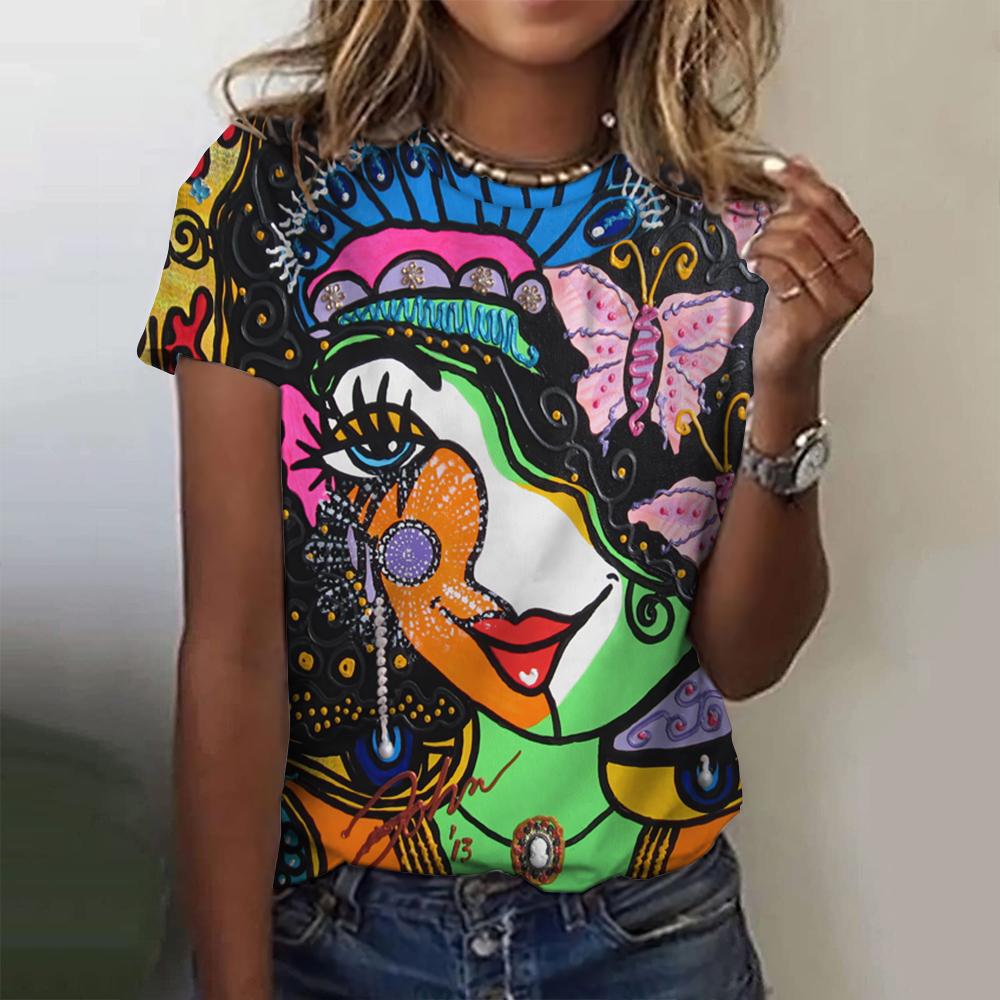 Sommer Damen T-Shirts Mädchen Niedlich 3D Druck Kurzarm O-Ausschnitt Shirts Damen Bunte Schöne T-Shirts 5XL