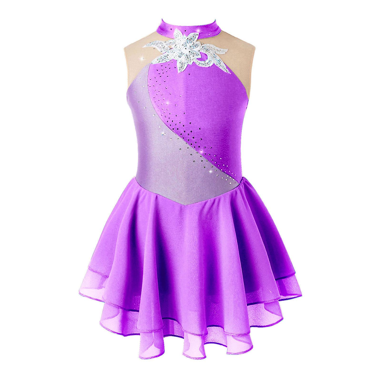 Kinder Mädchen Eiskunstlauf Kleid Strass Mesh Splice Ärmelloses Ballett Tanz Kleid Gymnastik Trikot Leistung Kostüme 11-12 Years violett