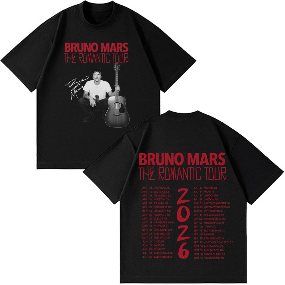 Rapper Bruno Mars Romantische Tour 2026 Grafik-T-Shirts Herren Damen Vintage T-Shirts Kurzarm Baumwolle Locker Hiphop Rundhals-T-Shirts L