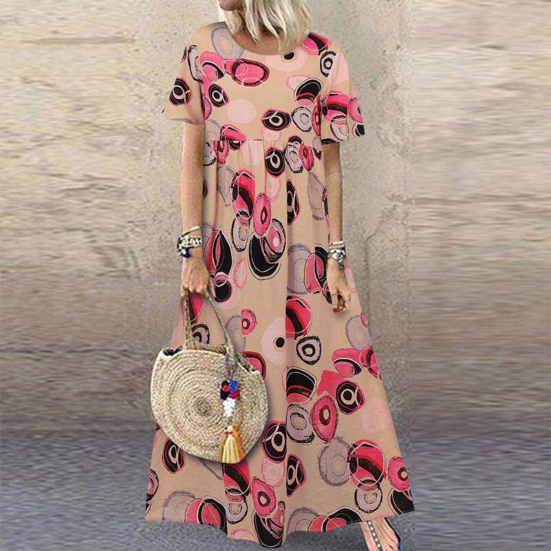 ZANZEA Damen Vintage Print Lässige Sommerkleider mit kurzen Ärmeln und Rundhalsausschnitt L rosa