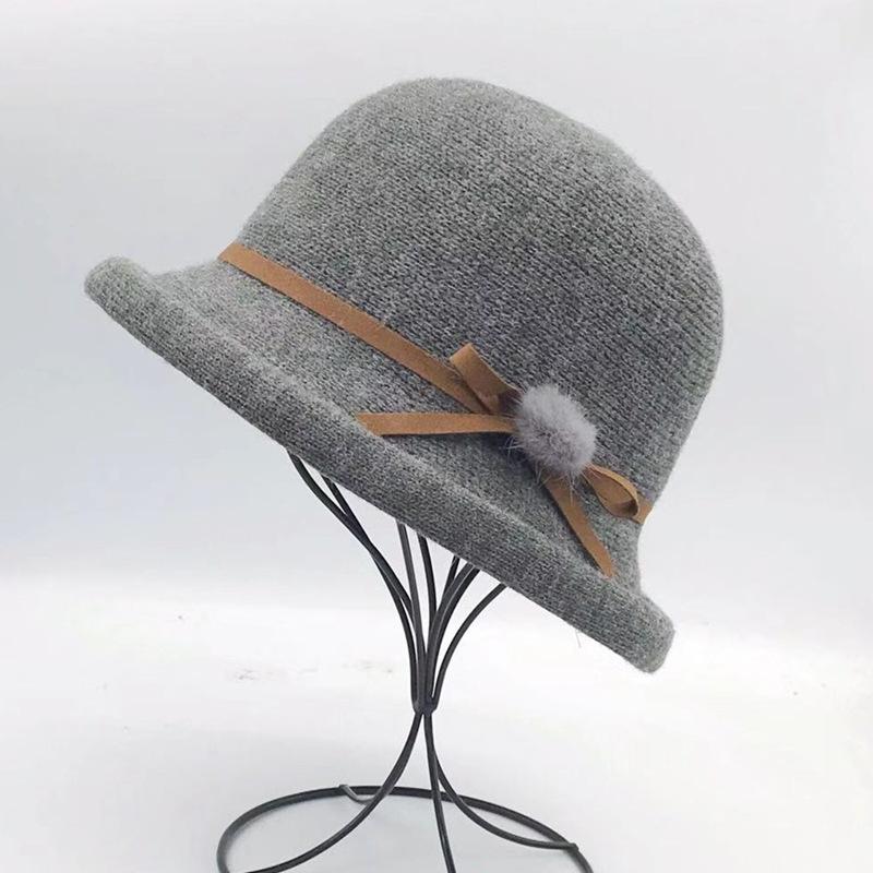 Wolliger Fischerhut Damen Herbst und Winter Schleife Koreanische Version Vielseitig Japanischer Dom-Beckenhut Britischer Retro Zylinder Tide licht grau