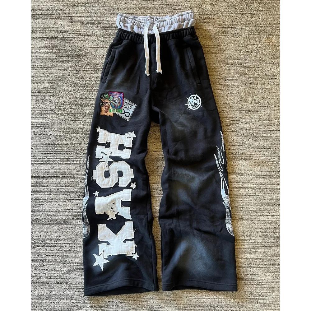 LUXEON Amerikanischer Buchstaben-Aufnäher Retro Doppel-Lagen-Design Y2K Hosen Baggy Jogginghosen Herren Hip Hop Gothic Elastischer Bund Jogging Freizeit Hosen S