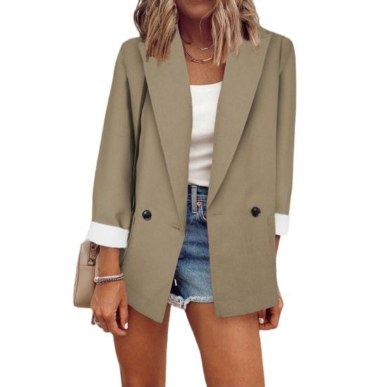 Einfarbiger, langärmeliger, großer Taschen-Einzelknopf-Büro-Blazer, modisches Revers, Büro-Anzugjacke, Arbeitskleidung M khaki