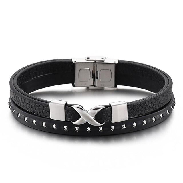 Herrenschmuck Großhandel 8 Schwarzes Echtes Leder Breite 14mm Edelstahl Infinity Weave Mehrlagiges Armband 22cm 22cm gray