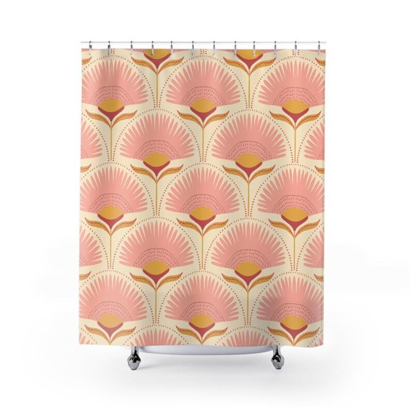 Art Deco Duschvorhang Vintage Badezimmerdeko gelb rosa Duschvorhang Kunst florales Muster Jugendstil Baddeko Geschenk 180X180cm rosa