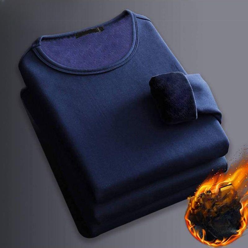 Winter Herren Langarm Thermo Unterwäsche T-Shirt Fleece Bottoming Shirt Rundhals Shirt Fashion Plus Samt gepolstertes T-Shirt 5XL 90-100KG navy blau