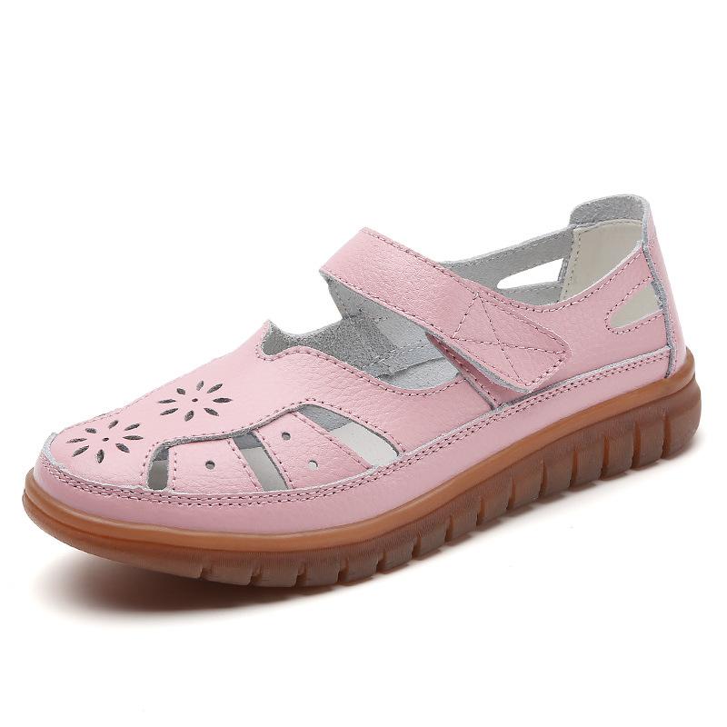 Damen Leder Hohl Sandalen Atmungsaktive Sommerschuhe Bequeme Krankenschuhe Weiße Sandalen Mama Sandalen Große Größe 43 rosa
