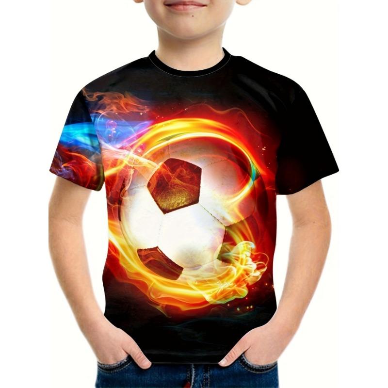 Kinderkleidung Lässiges Fußball-T-Shirt Fußball 3D-Druck Jungen T-Shirt Kurzarm Mode Kinder Oberteil Rundhals Kinder-T-Shirt 150