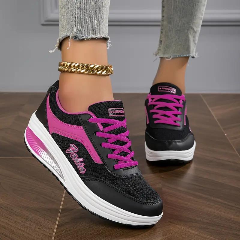 Damen-Wedge-Rocker-Sneaker, lässige, höhenvergrößernde Low-Top-Sneaker zum Schnüren, bequeme Plateauschuhe zum Gehen 42 rose rosa