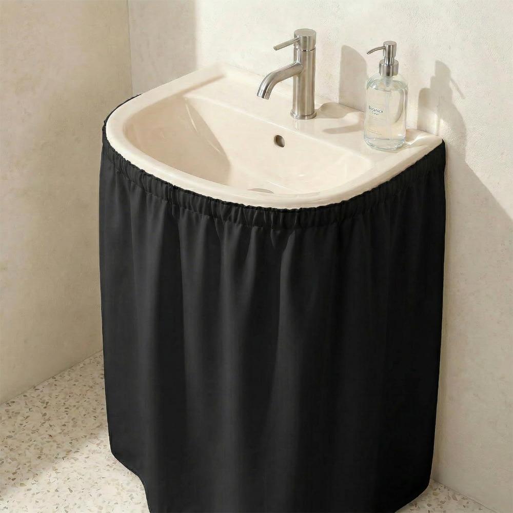 Waschbarer Badezimmer-Waschtischrock Selbstklebende Badezimmer-Waschtischabdeckung Unterwaschtisch-Vorhang Waschküche schwarz