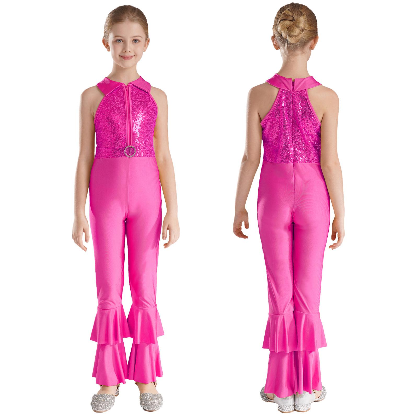 Kinder Mädchen Bronzing Stoff Einteiler Ärmellos Stufen Schlaghose Stil Unitard Bodysuit Kostüme 5-6 Years heißes rosa