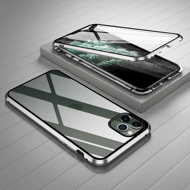 Metall-Magnethülle für iPhone 16 Pro 15 14 Pro Max 13 12 Pro MAX 11 Pro SE 2020 X XR XS 8 7 Plus Magnethülle aus gehärtetem Glas iPhone 15 Pro  Max silber