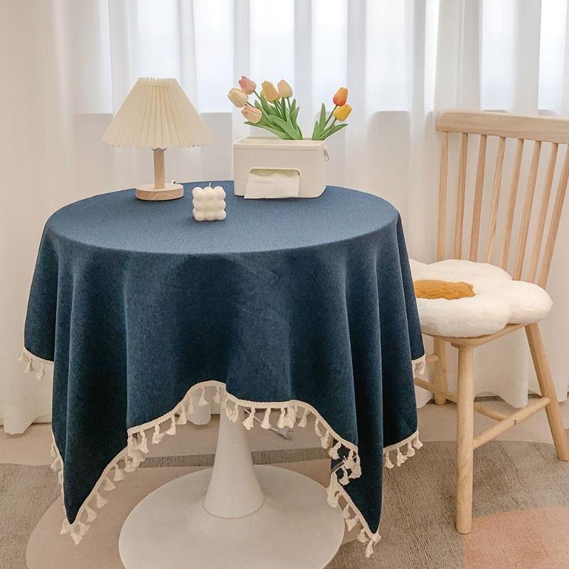 Tischdecke aus Leinen mit Fransen - Rustikale runde Tischdecke für Schreibtisch, Teetisch, Esszimmer & Ästhetische Dekoration 140*140cm indigo