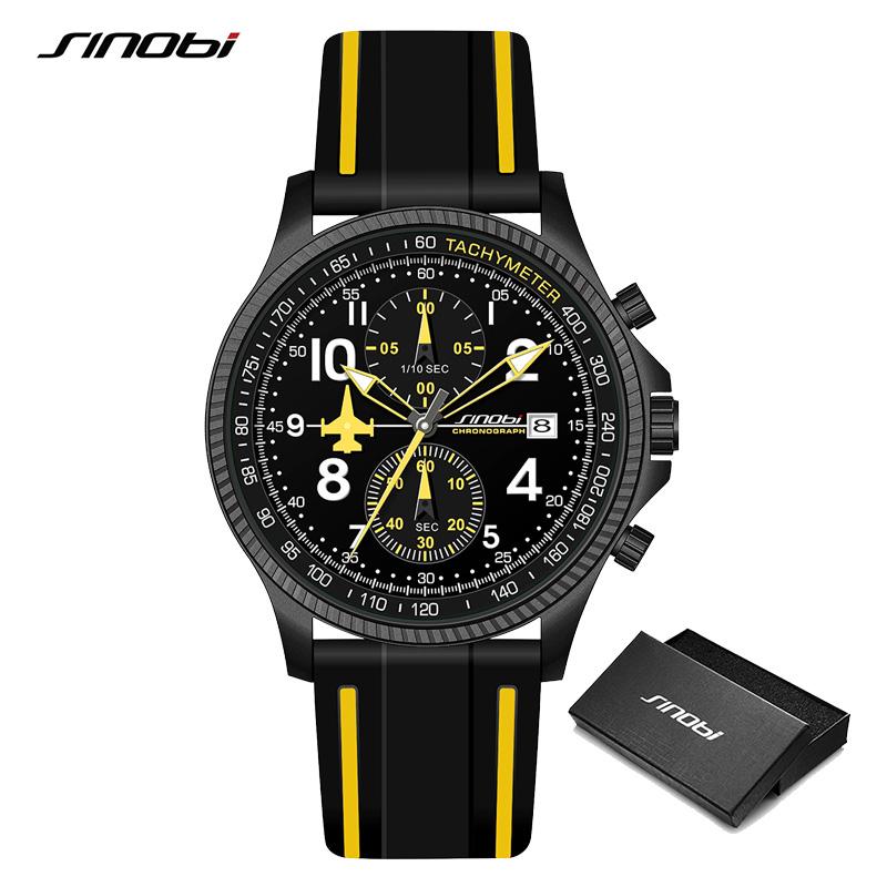 Neu SINOBI Kreatives Design Flugzeug Chronograph Herrenuhren Original Genf Kalender Mann Quarz Armbanduhren Top Sport Uhr gelb