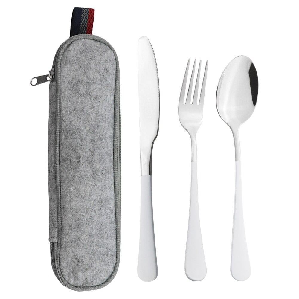 4 Teile/satz Tragbare Edelstahl Geschirr Picknick Camping Geschirr Set Löffel Gabel Messer Set Reise Besteck Geschirr Mit Tasche silber/weiß
