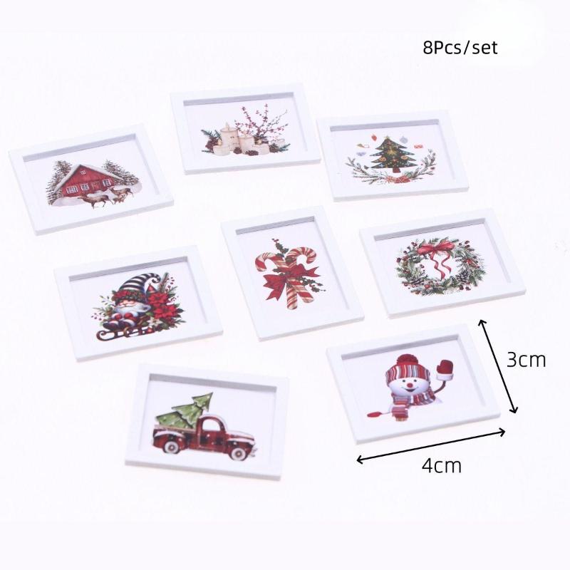 1/12 Puppenhaus Mini Weihnachts Wandbild Ornament Puppenhaus Heimdekoration Puppenhaus Mikro Weihnachts Szene Foto Requisiten 8Pcs