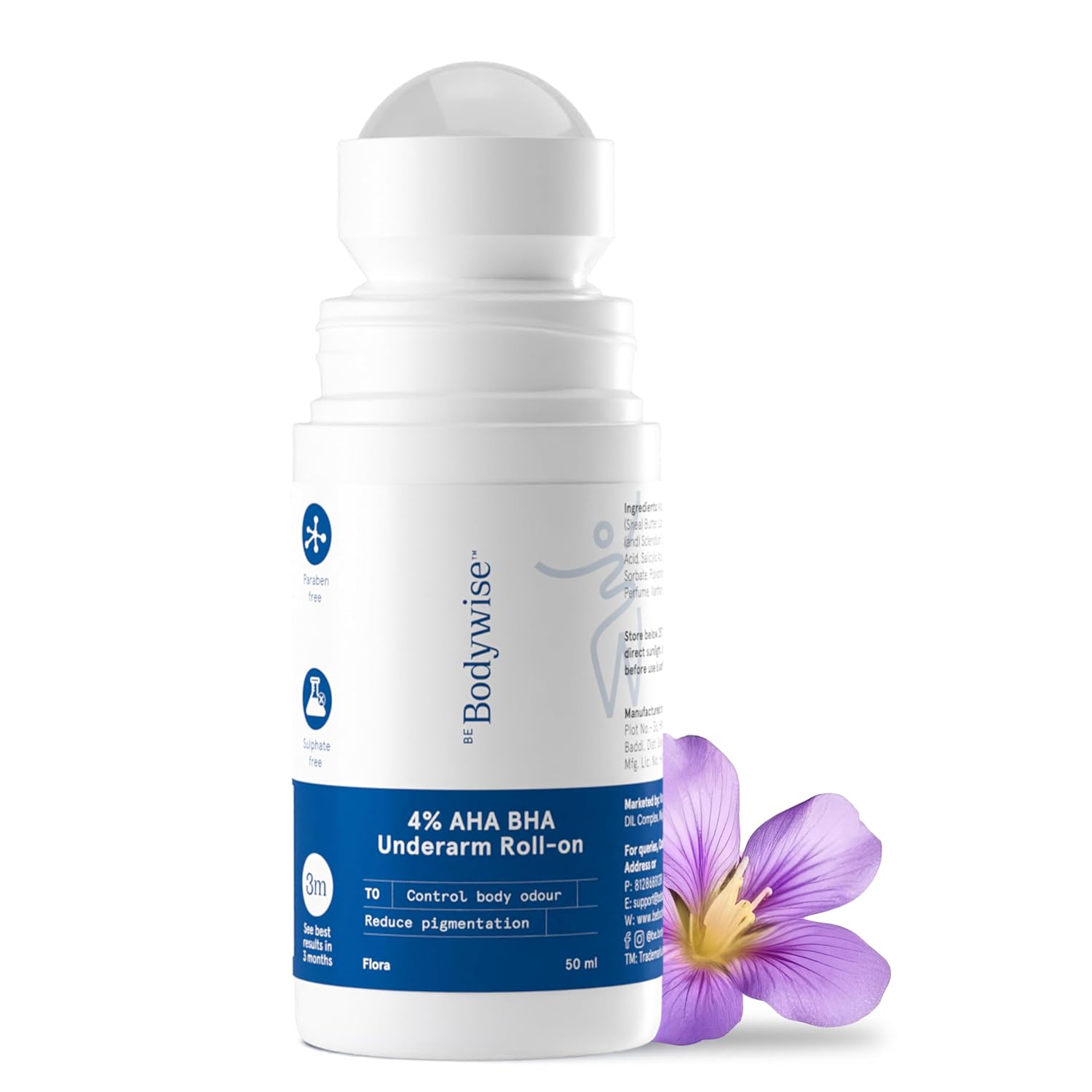 Be Bodywise 4% Aha Bha Achselroller, 2% Milchsäure, 1% Mandelsäure und 1% Salicylsäure, 0% Alkohol & 0% Aluminium, Flora Duft, 50ml