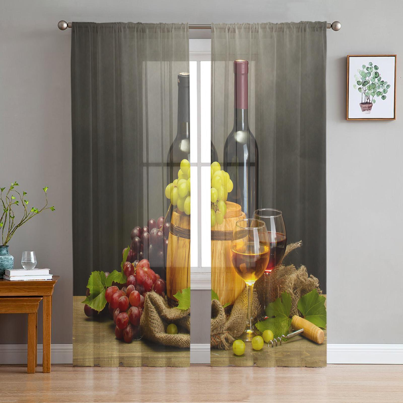 Traubenwein Frucht Blätter Lappen Gardinen für Wohnzimmer Dekoration Fenstergardinen für Küche Tüll Voile Organza Gardinen W135 x H115cm x1 black