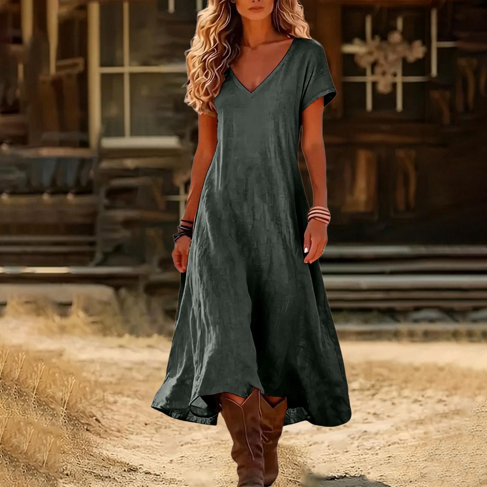 Boho-Kleider für Damen 2026 V-Ausschnitt Kurzarm-Sonnenkleider für Damen Sommerkleider für Damen Lässiger Lockerer Schnitt S brown