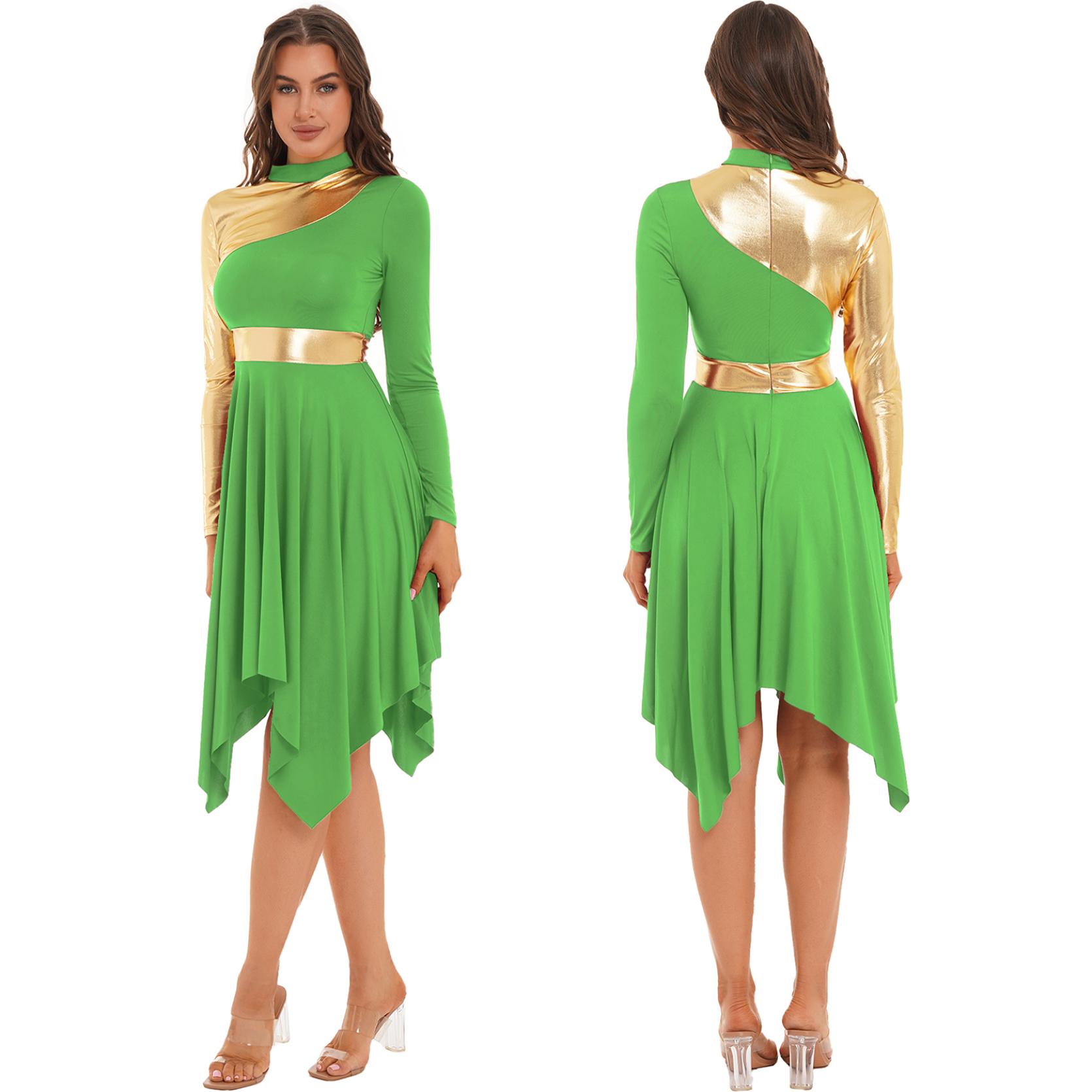 Damen-Tanz-Performance-Kostüm, Kontrastfarbenes Patchwork-Kleid, langärmelige Kleider mit asymmetrischem Saum XXL hellgrüne