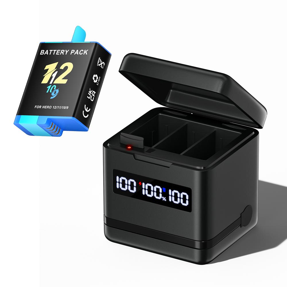 2000mAh Akku für Gopro Hero 9 10 11 12 Kamera-Akku mit LCD 3-Slots Schnellladegerät Box für GoPro Hero12 11 Sportkameras 1battery and 1charger