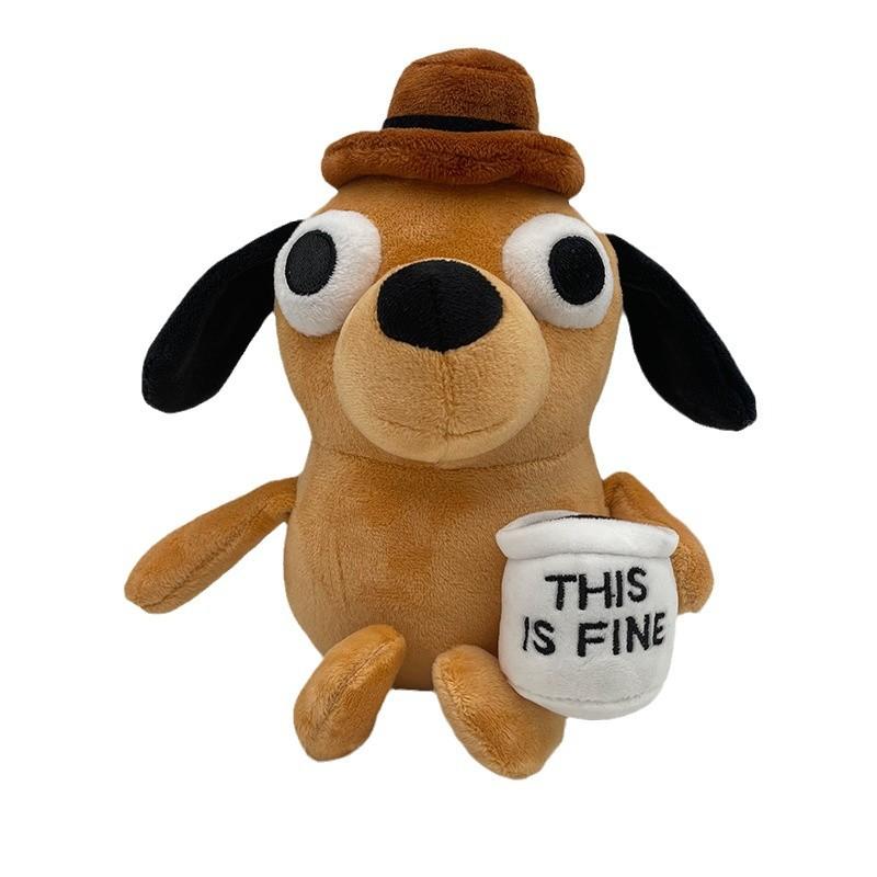 This Is Fine Meme Tier Kaffee Hund Plüschtier Weiche Stoffpuppe Kinderspielzeug Geschenk für Kinder Jungen Geburtstag 25cm