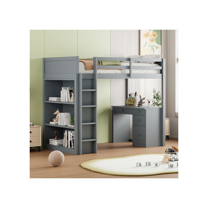 Hochbett mit Mezzanin - MUVOE - 90 x 200 cm - Graues Holz - Computertisch - Aufbewahrungsschrank grau